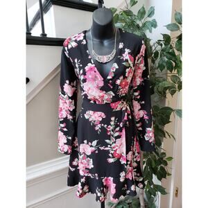 B. Darlin Wrap Dress Womens 8 Black Floral Tie Waist Summer Long Sleeve V Neck